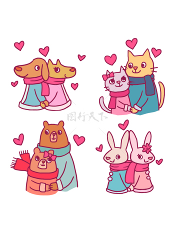 情人节卡通手绘小动物情侣素材