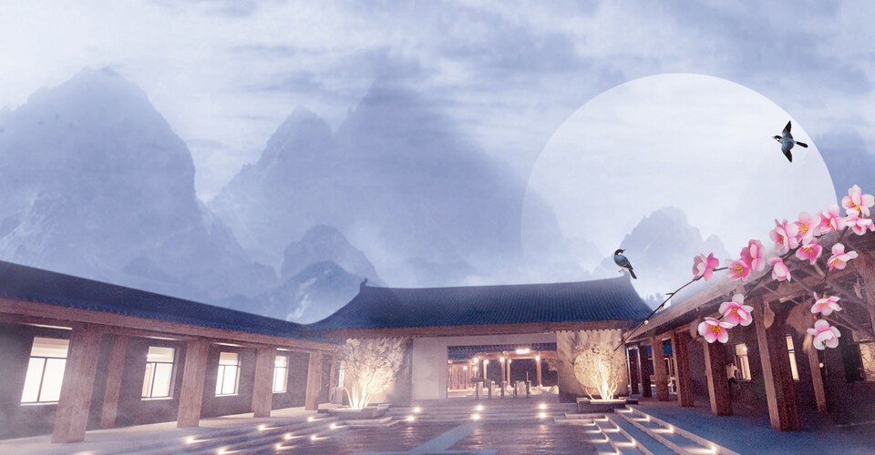 中国风水墨江山古代建筑古城古楼背景画