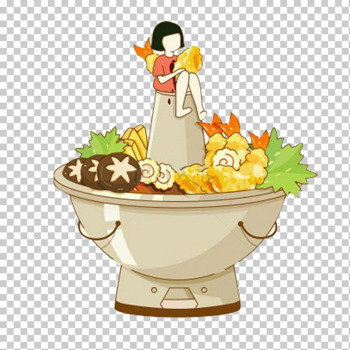 手绘铜炉火锅鱼丸香菇大虾女孩吃火锅免抠美食元素