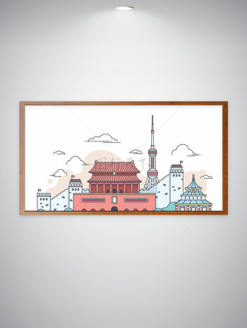 手绘卡通天安门东方明珠塔天坛建筑插画