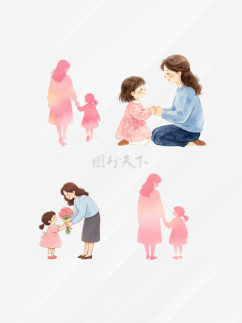 扁平童趣卡通母女互动母亲节插画