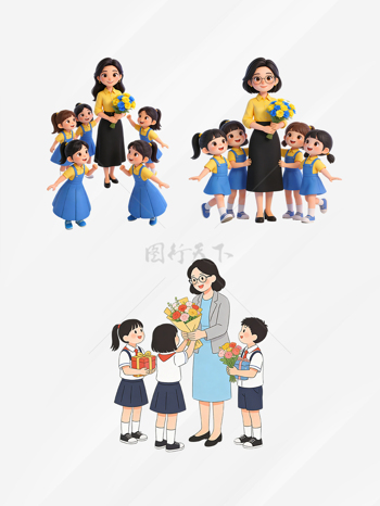 卡通立体学生给老师送花感恩场景插画