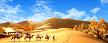 沙漠胡杨骆驼丝绸之路风景图