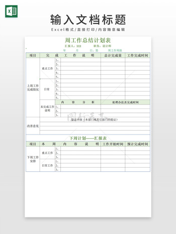 绿色清新周工作总结计划表EXCEL模板