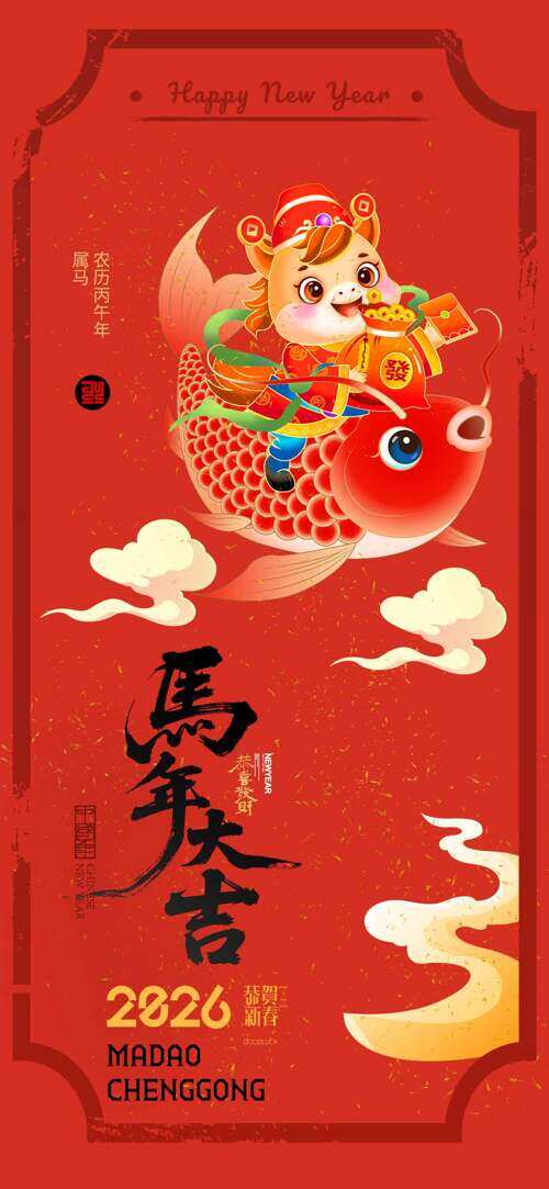 卡通红色鲤鱼小马插画红色主题马年大吉海报