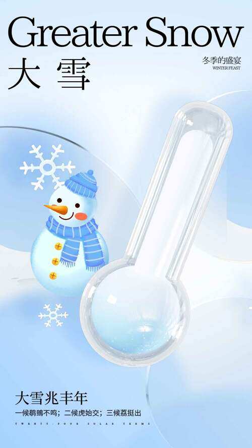 卡通童趣雪人清新背景大雪节气主题海报